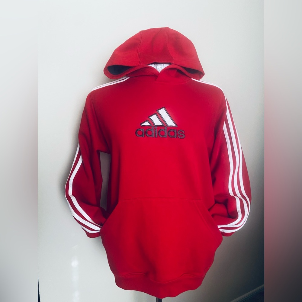 Y2K VTG Adidas Pullover Hoodie Embroidered Center Logo Three Stripes Women M/L